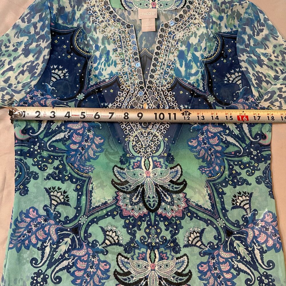 Chico's Blue Bedazzled, Funky Printed, Quarter Sleeve, Long Blouse- 00(0/2) - Picture 6 of 8